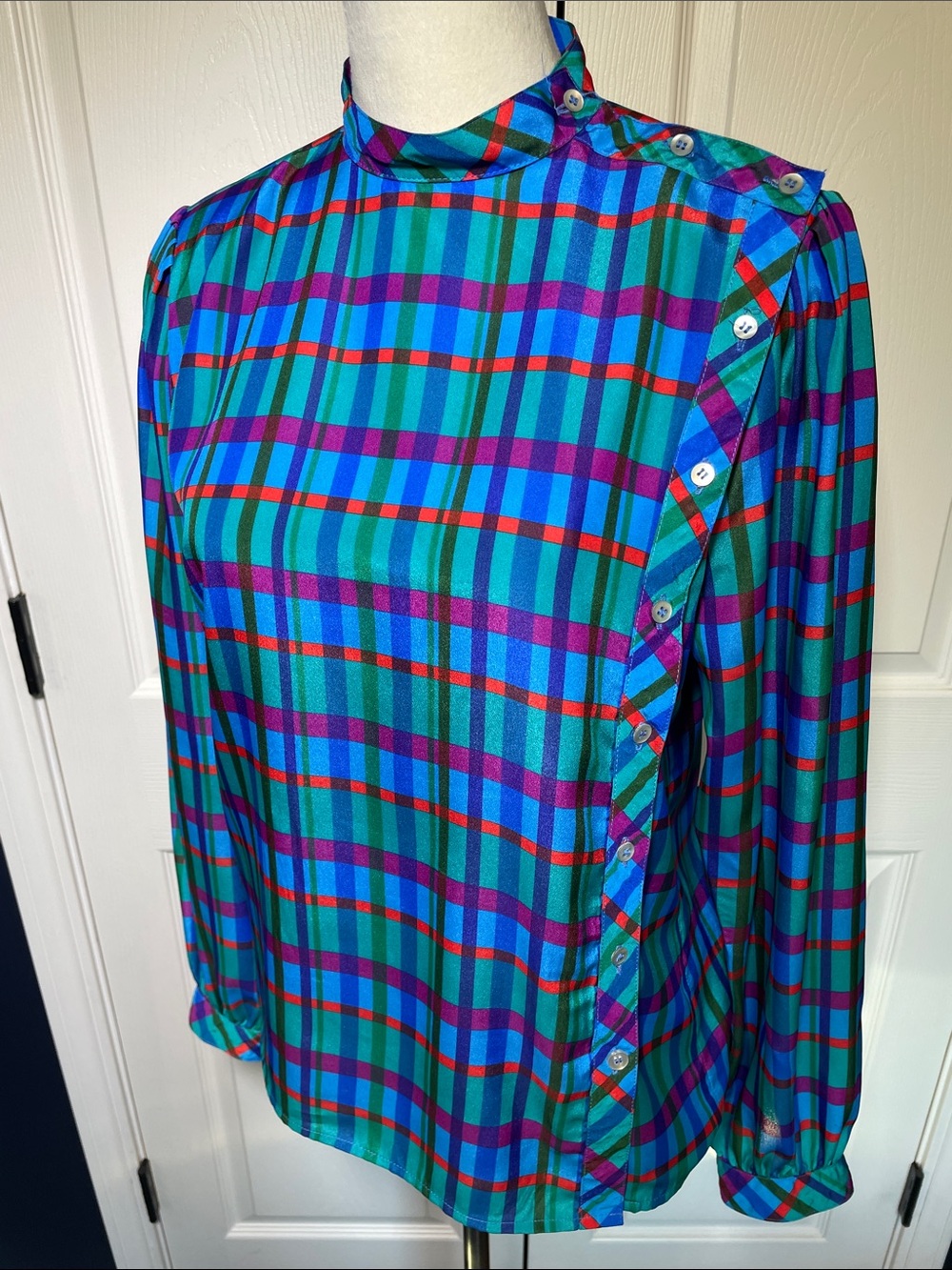 Vintage Liz Claiborne Plaid Blouse Teal‎ Purple Green Red Button Side Panel Sz 8